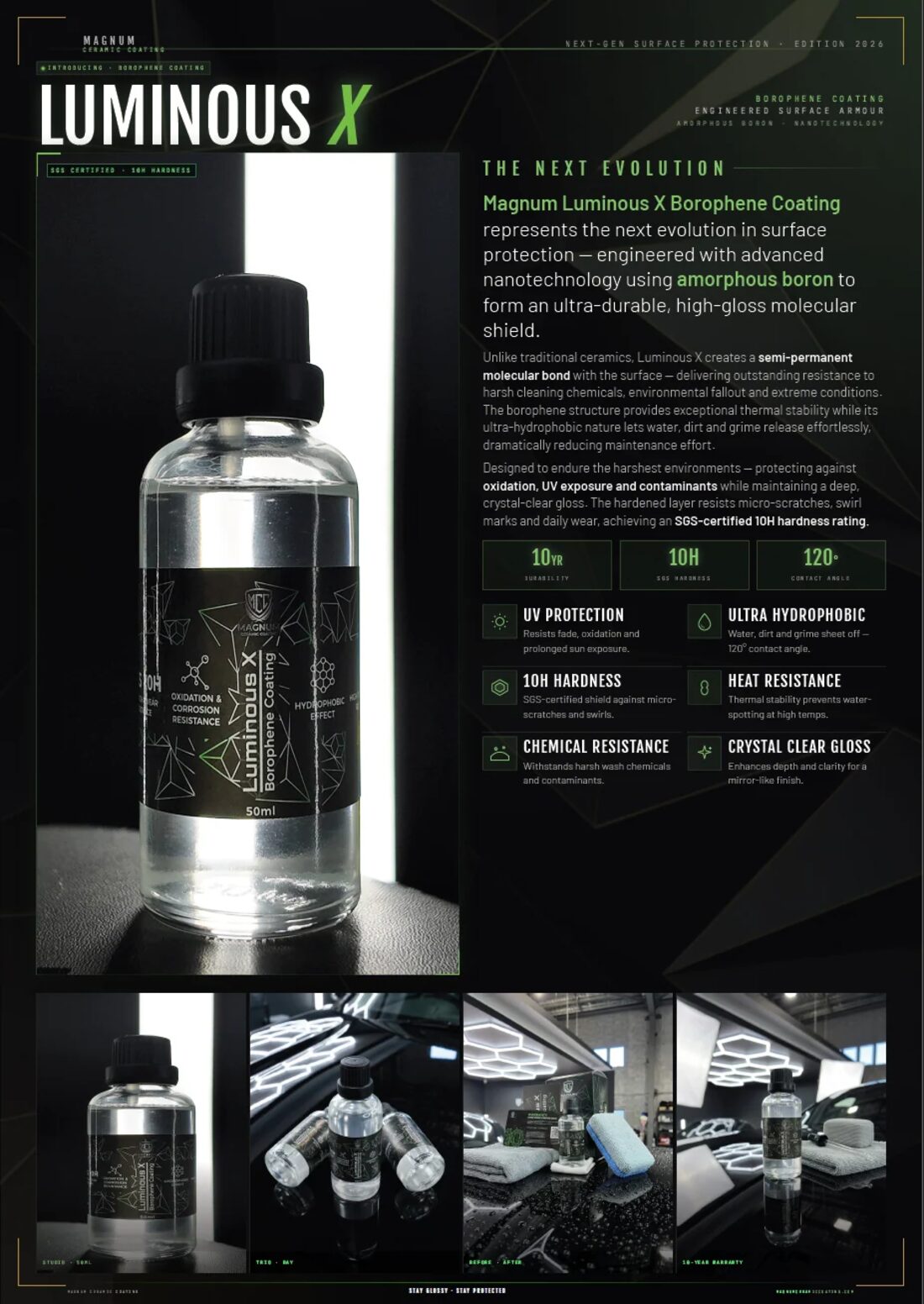 Magnum Luminous X borophene coating product information, listing UV protection, hydrophobic performance and chemical resistance