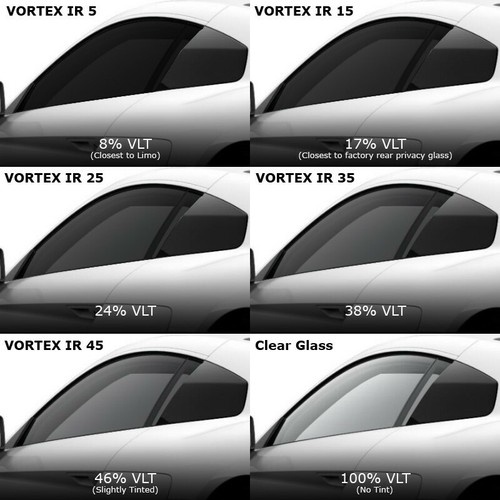 VTX Pro window tint shade guide showing the available film shades from dark to light alongside clear glass